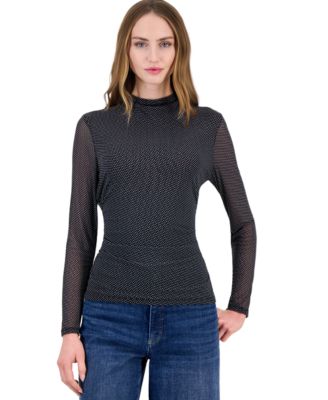 Women's Long-Sleeve Mock-Neck Printed Mesh Top