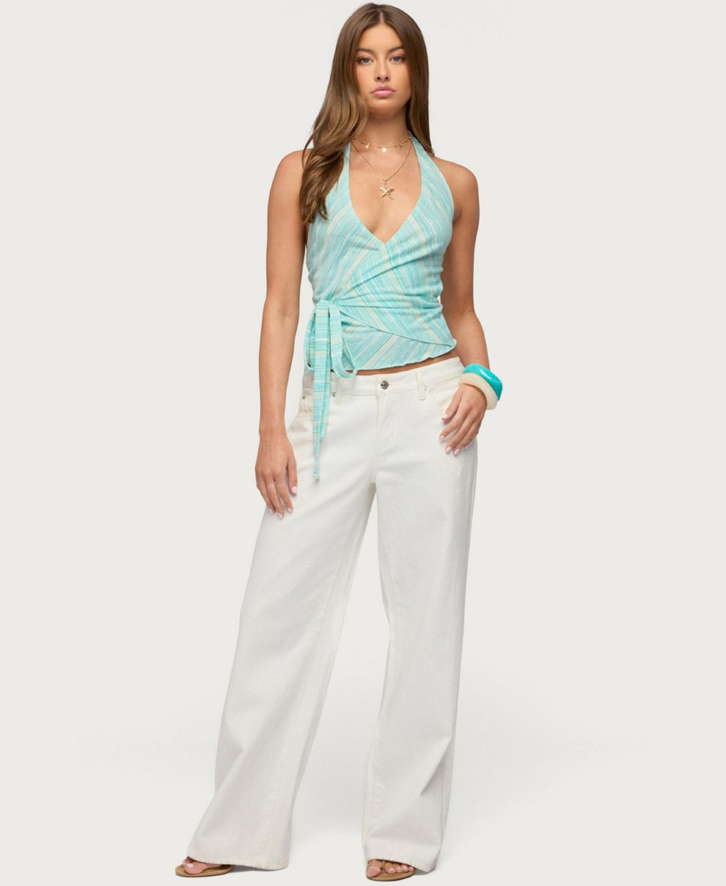 Женский топ Edikted Aquarelle Striped Wrap Halter, цвет: Аквамариновый — фото 5