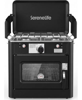 3-in-1 Camping Stove Oven Combo - Outdoor Camp Oven with 2 Burners, Piezo Ignition and Temperature Control