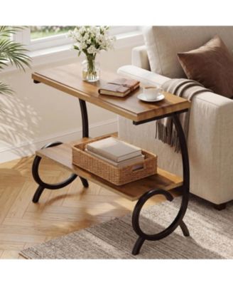 2-Tier End Table: Narrow couch side table with J-shaped metal legs. Farmhouse bedside nightstand for living room, bedroom