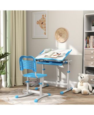 Kids Desk Chair Set Adjustable Children Study Table with Storage Drawer, Tiltable Desktop