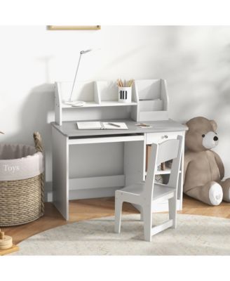 Kids Desk and Chair Set with Storage, Children Study Table, Gray MDF Sturdy Learning Furniture