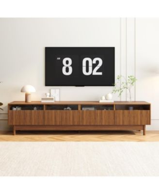 70" Fluted Wood TV Stand, up to 85 Inch TVs, Media Console Entertainment Center with Glass, for Bedroom, Living Room