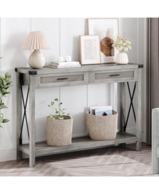 43" Burlywood and Grey Console Table with Rattan Drawers and Storage Shelf, Entryway Sofa Table
