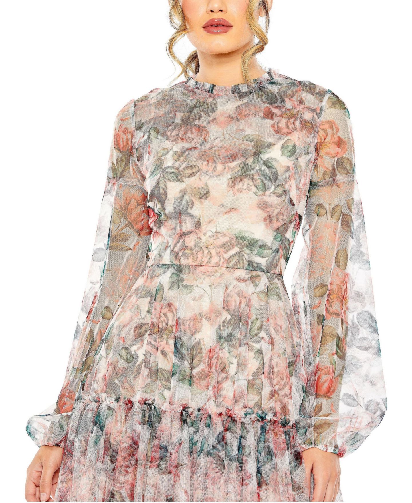 Женское платье Mac Duggal Long Sleeve High Neck Long Balloon Sleeve Midi, цвет: Белый разноцветный — фото 3