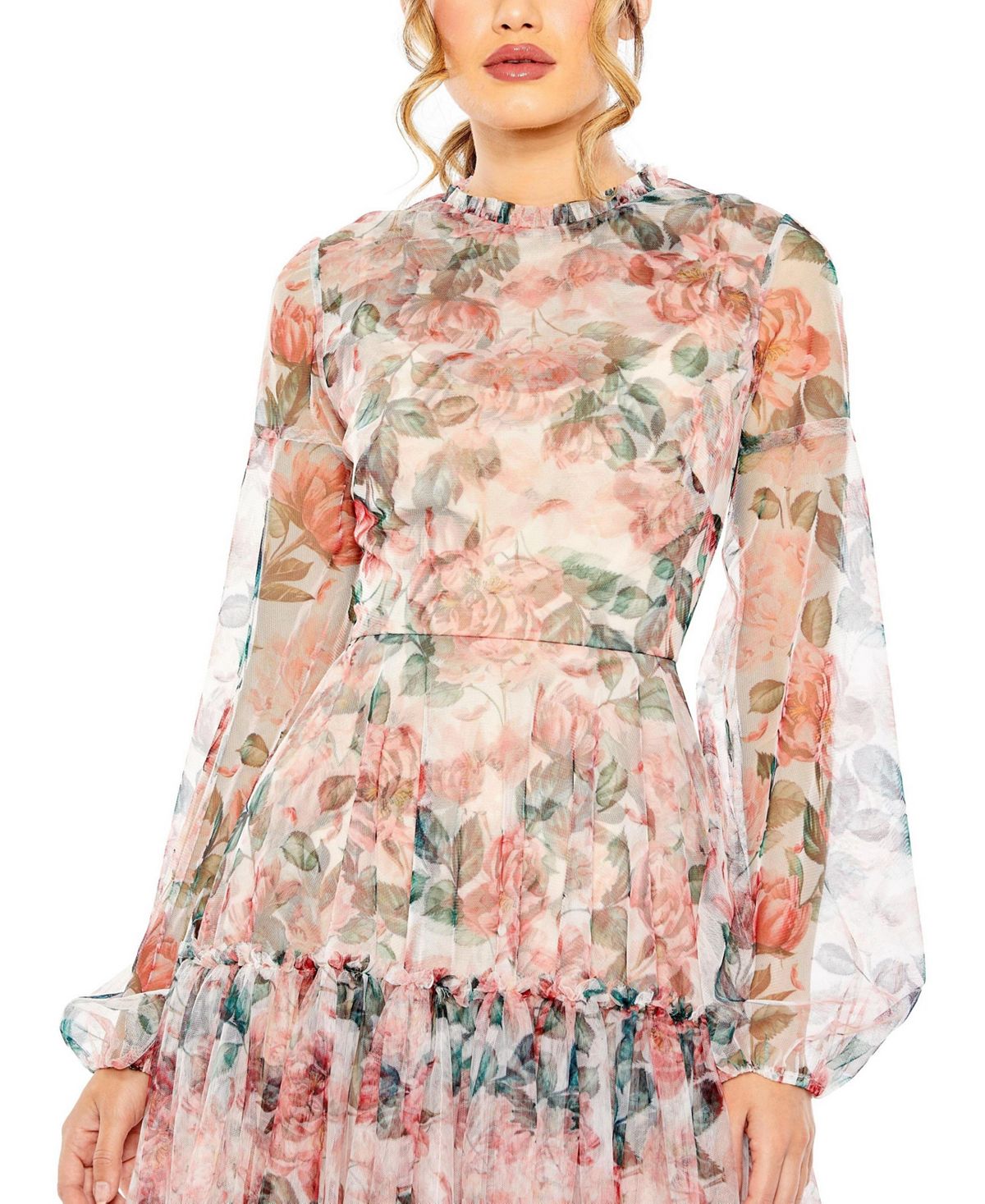 Mac Duggal Women's Long Sleeve High Neck Long Balloon Sleeve Midi Dress view 3 — MAYCSS fashion products