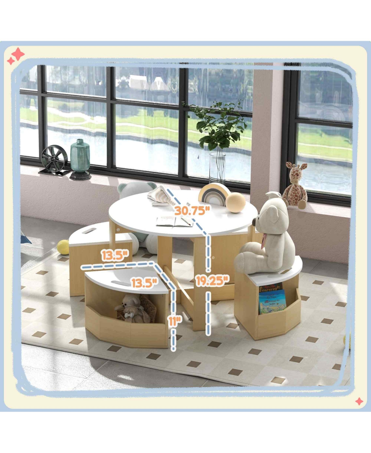 Clihome 5-Piece Kids Table and Chair Set with Storage, White Mdf Toddler Activity Furniture