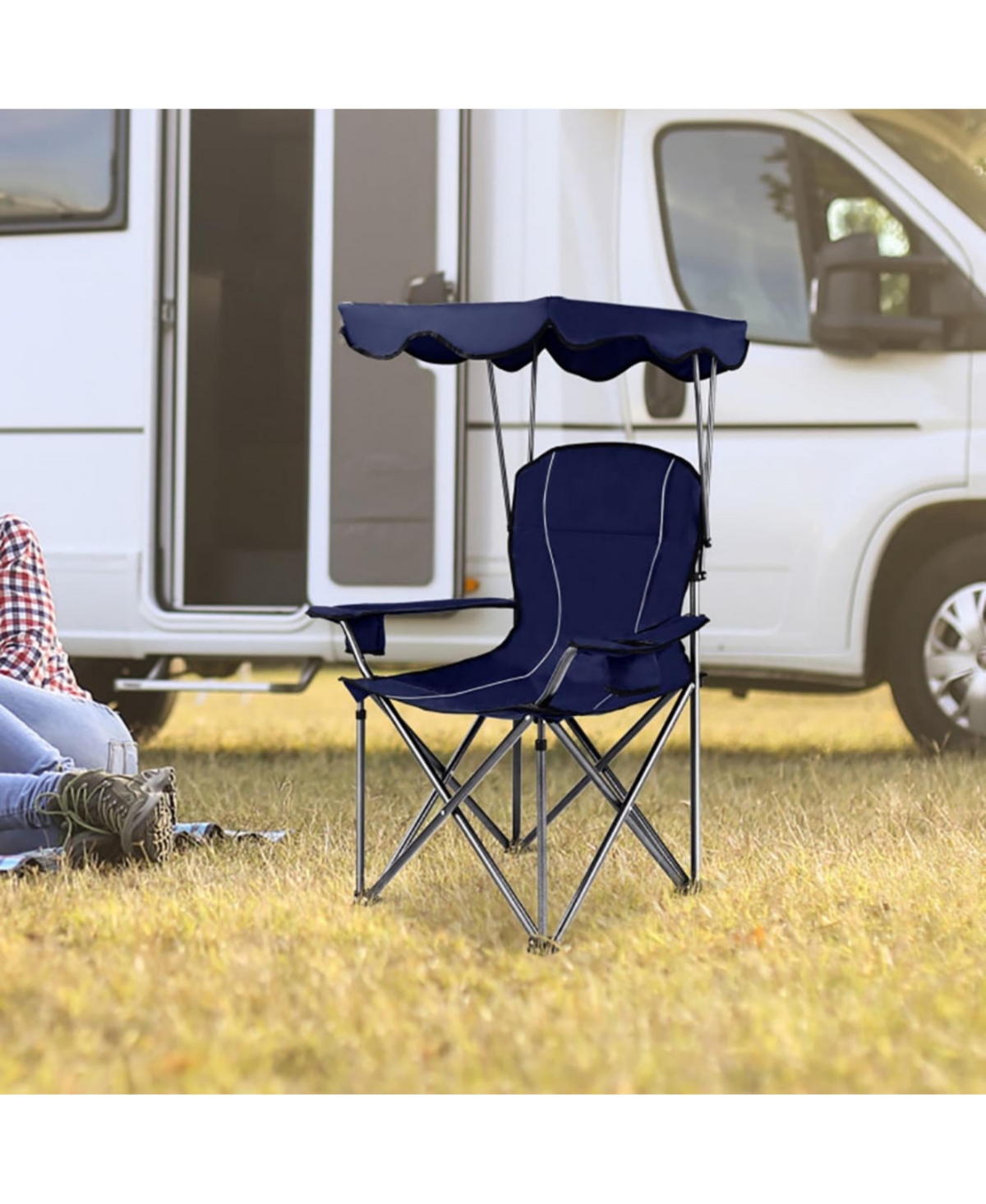 Yiortwo Folding Beach Chair with Sun Canopy and Dual Cup Holders Portable Outdoor