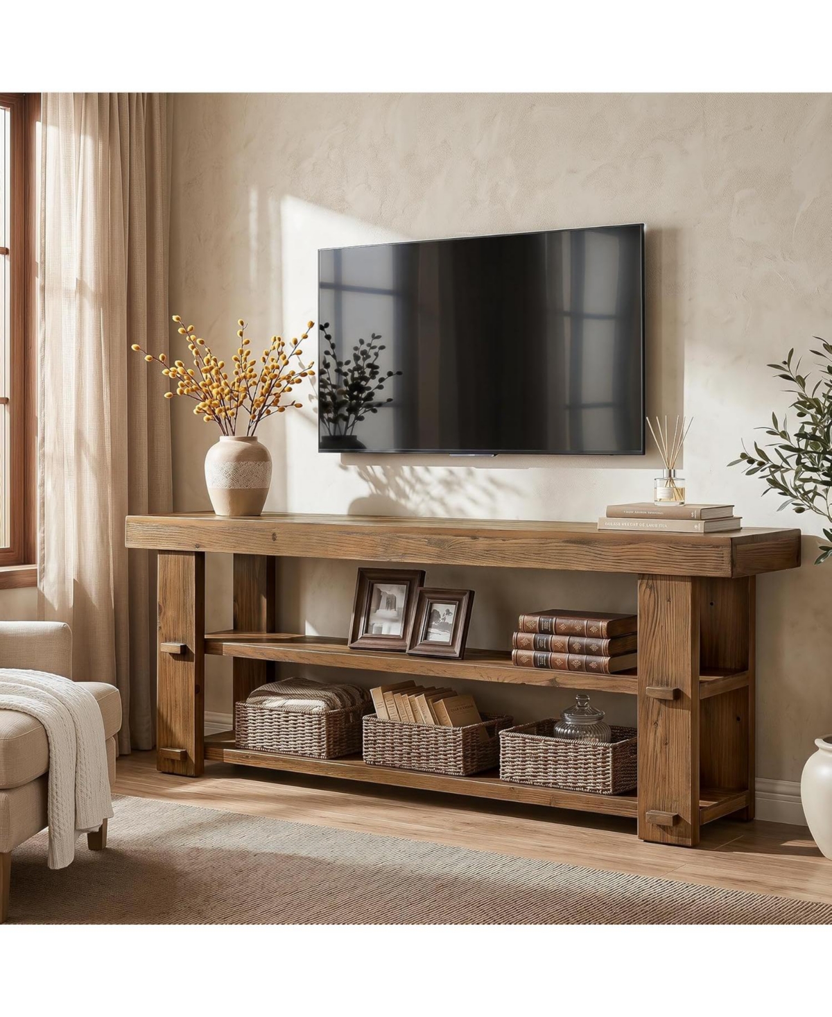 Tribesigns Solid Wood Tv Stand for TVs Up to 70": Farmhouse entertainment center with 2-tier shelves.55" media console for living room,bedroom.