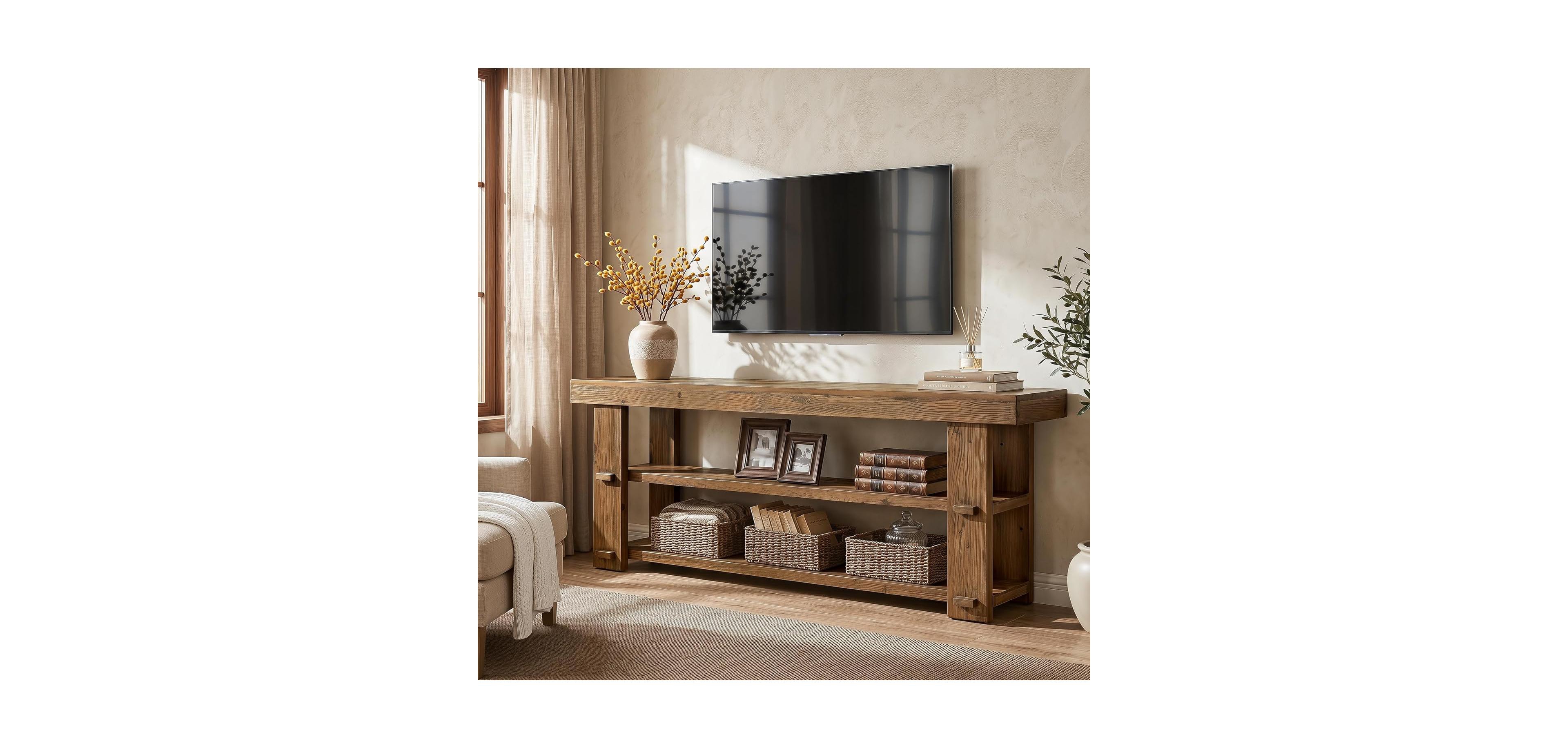 Tribesigns Solid Wood Tv Stand for TVs Up to 70": Farmhouse entertainment center with 2-tier shelves.55" media console for living room,bedroom.