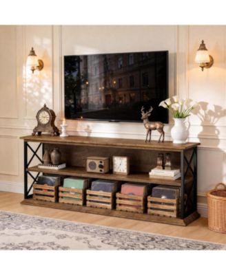 TV Stand for TVs up to 75": 63" entertainment center with open storage. Wooden rustic media table for living room, bedroom.