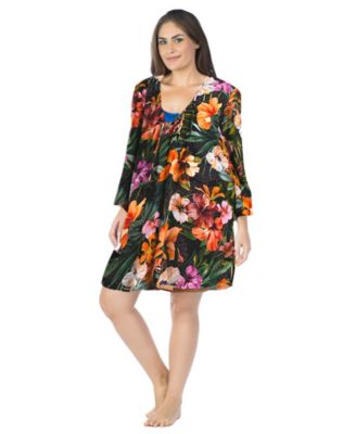 Plus Size Tropical Hideaway Lace-Front Swim Cover-Up Tunic Dress
