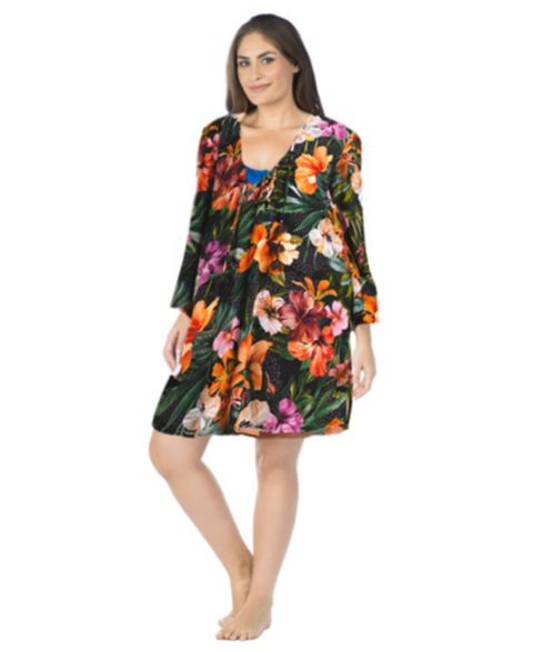 Женское платье La Blanca Plus Size Tropical Hideaway Lace-Front Swim Cover-Up Tunic, цвет: Зелёный разноцветный