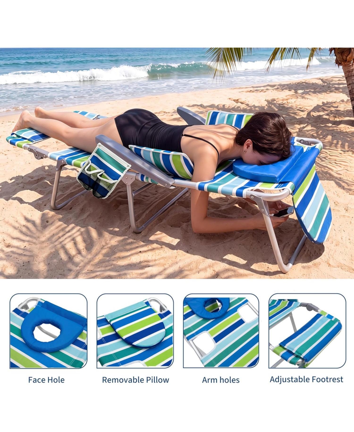 gaomon 1 Pack Outdoor 3-in-1 Beach Chair, Folding Tanning Lounger with Face Hole