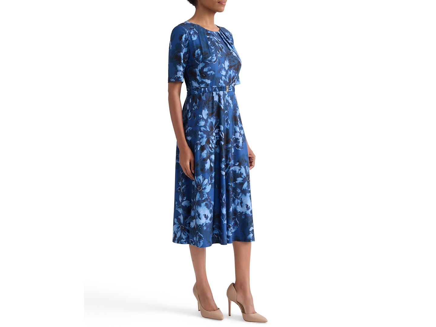 Женское платье Kasper Pleat-Neck Belted Short-Sleeve Dress, цвет: Синий ночной разноцветный — фото 5