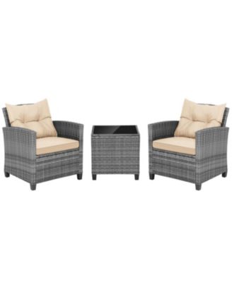 3-Piece Outdoor Wicker Conversation Set with Tempered Glass Table