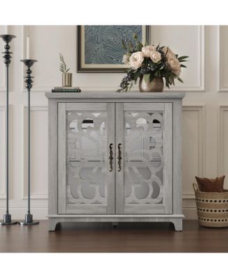 Acrylic Mirror Door Buffet Cabinet, MDF Hollow-Carved Accent Cabinet  Storage Sideboard with Adjustable Shelves