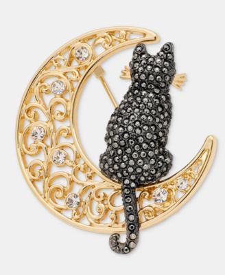 Pav&eacute; Cat Filigree Moon Pin 