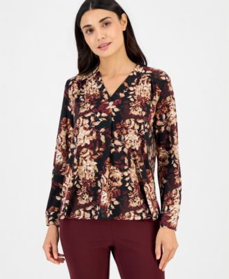 Petite Split-Neck Yoke Long-Sleeve Blouse