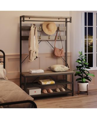 Multifunctional Hall Tree Coat Rack, Heavy Duty Steel Wood Entryway Storage Bench with Hooks and Shelves