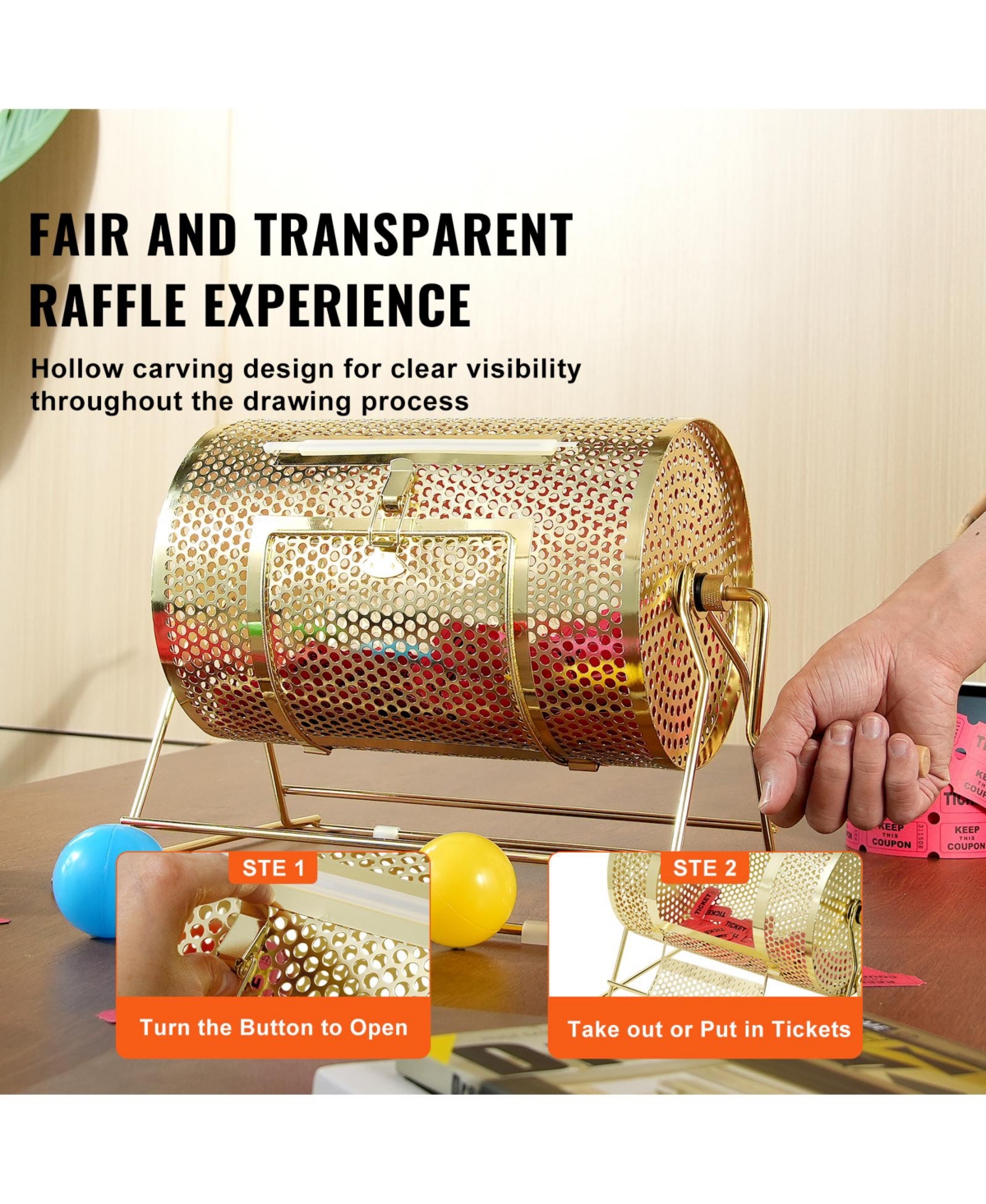 Vevor Raffle Drum Brass Plated Lottery Cage Holds 2500 Tickets/100 Bingo Balls