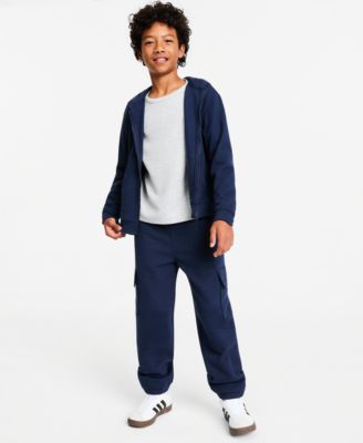 Boys' XS-XL Fleece Zip-Up Hoodie, Thermal Shirt & Fleece Cargo Jogger Pants