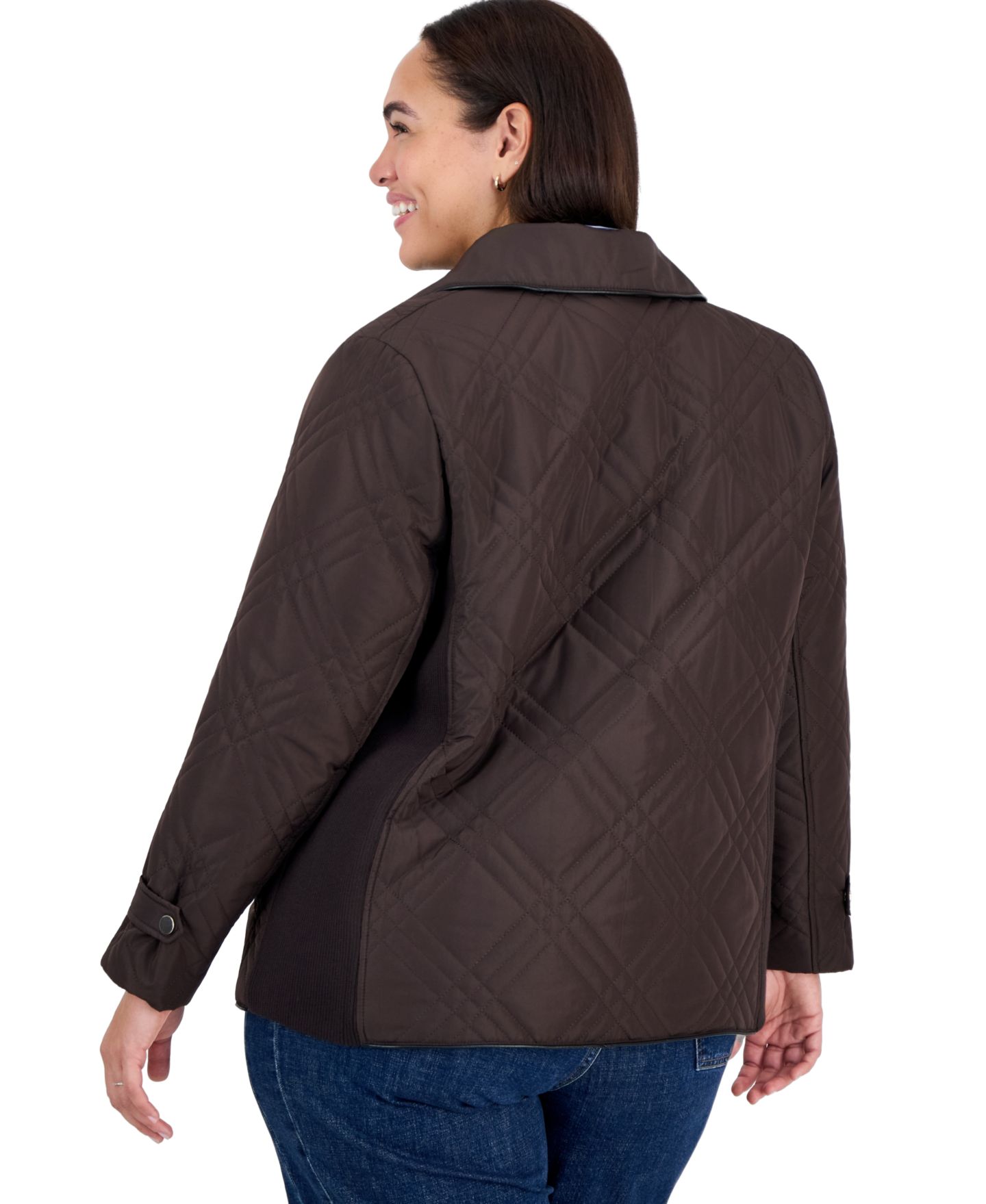 Женская куртка Jones New York Plus Size Triple-Diamond Quilted Faux-Leather Piping, цвет: Кофейный / Чёрный — фото 3