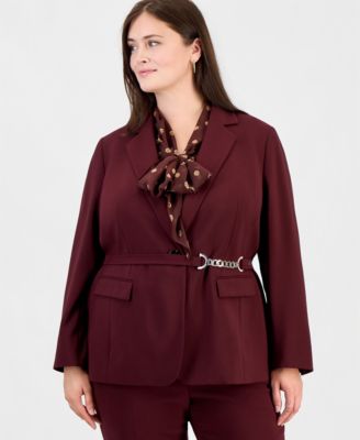 Plus Size Belted Notch Collar Blazer