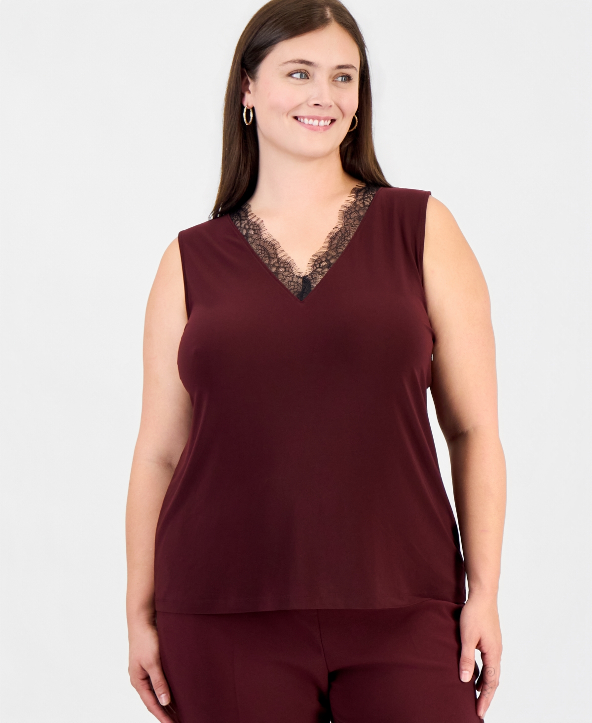 Anne Klein Plus Size V-Neck Lace-Trim Tank - Barolo