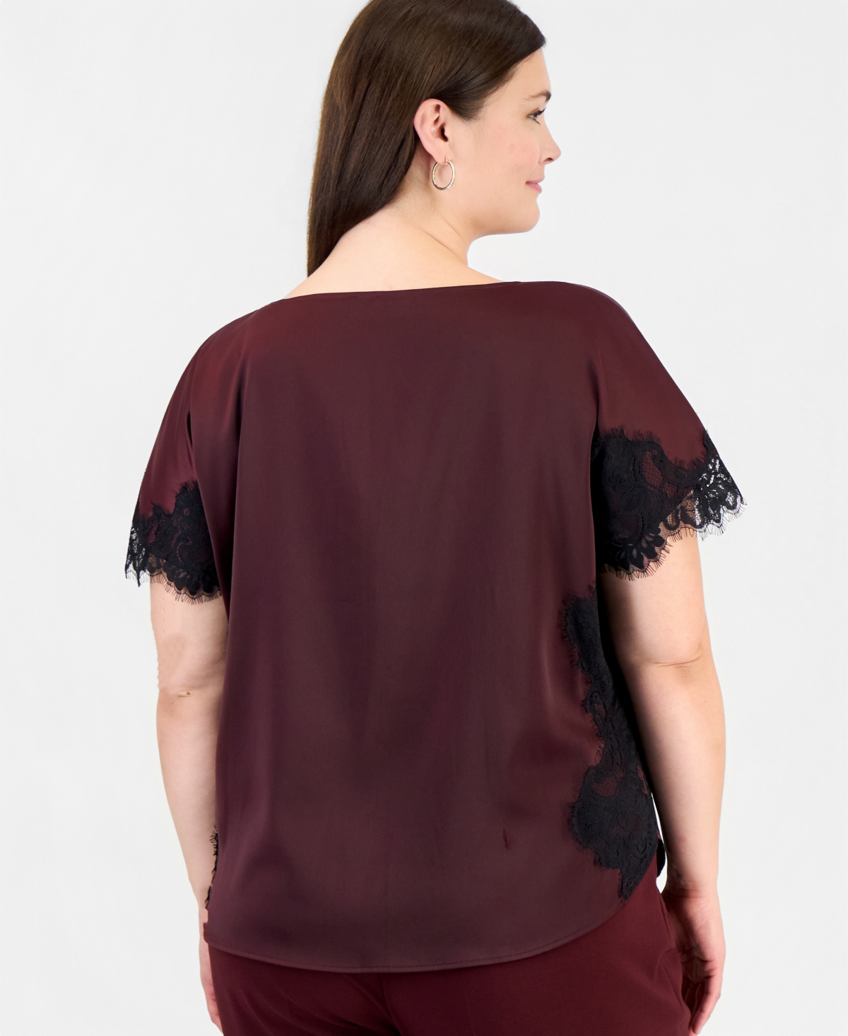 Anne Klein Plus Lace-Trim Short-Sleeve Bateau Neck Blouse