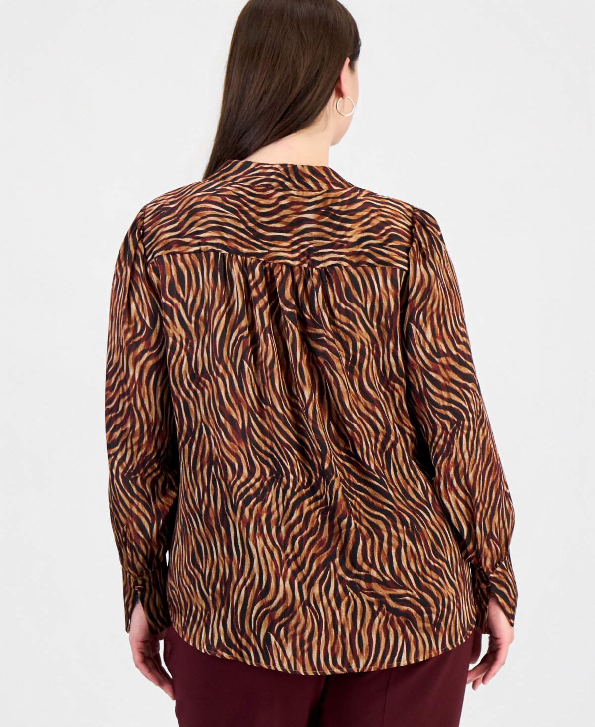 Anne Klein Plus Long-Sleeve V-Neck Pleat-Front Blouse