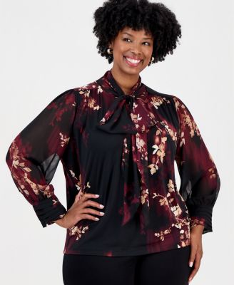 Plus Size Long Sleeve Tie Neck Floral Blouse