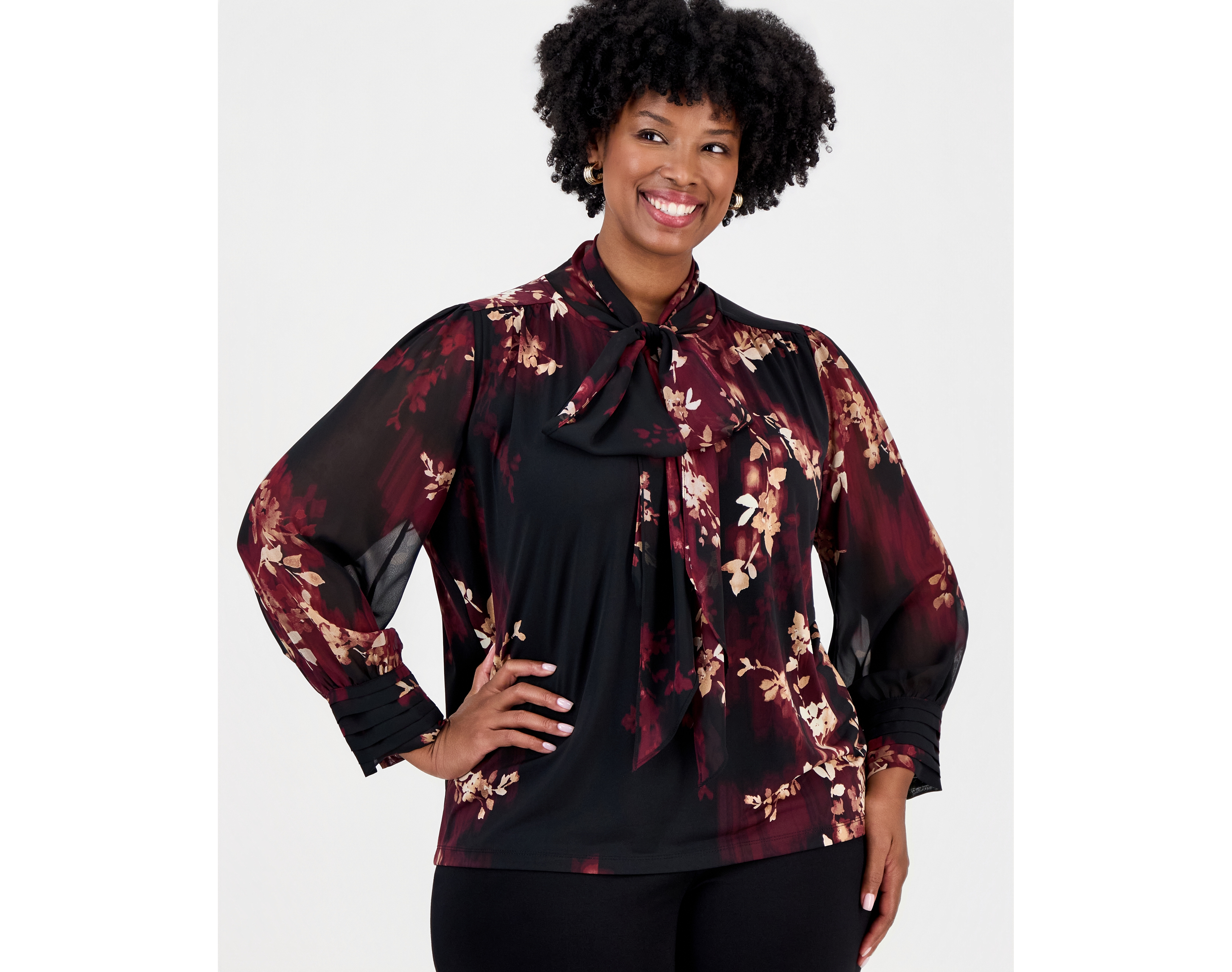 Anne Klein Plus Long Sleeve Tie Neck Floral Blouse