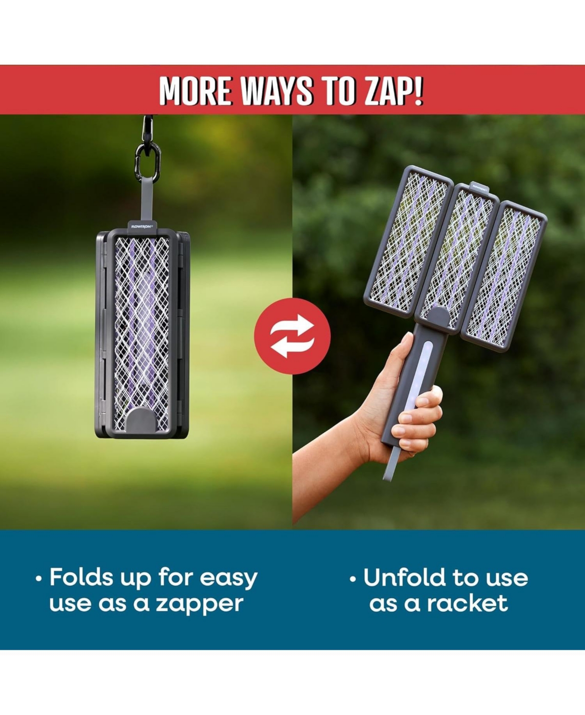 Flowtron 2-in-1 Tri-Fold Bug Zapper Racket – Portable Insect Killer with 2100 Sq Ft Coverage