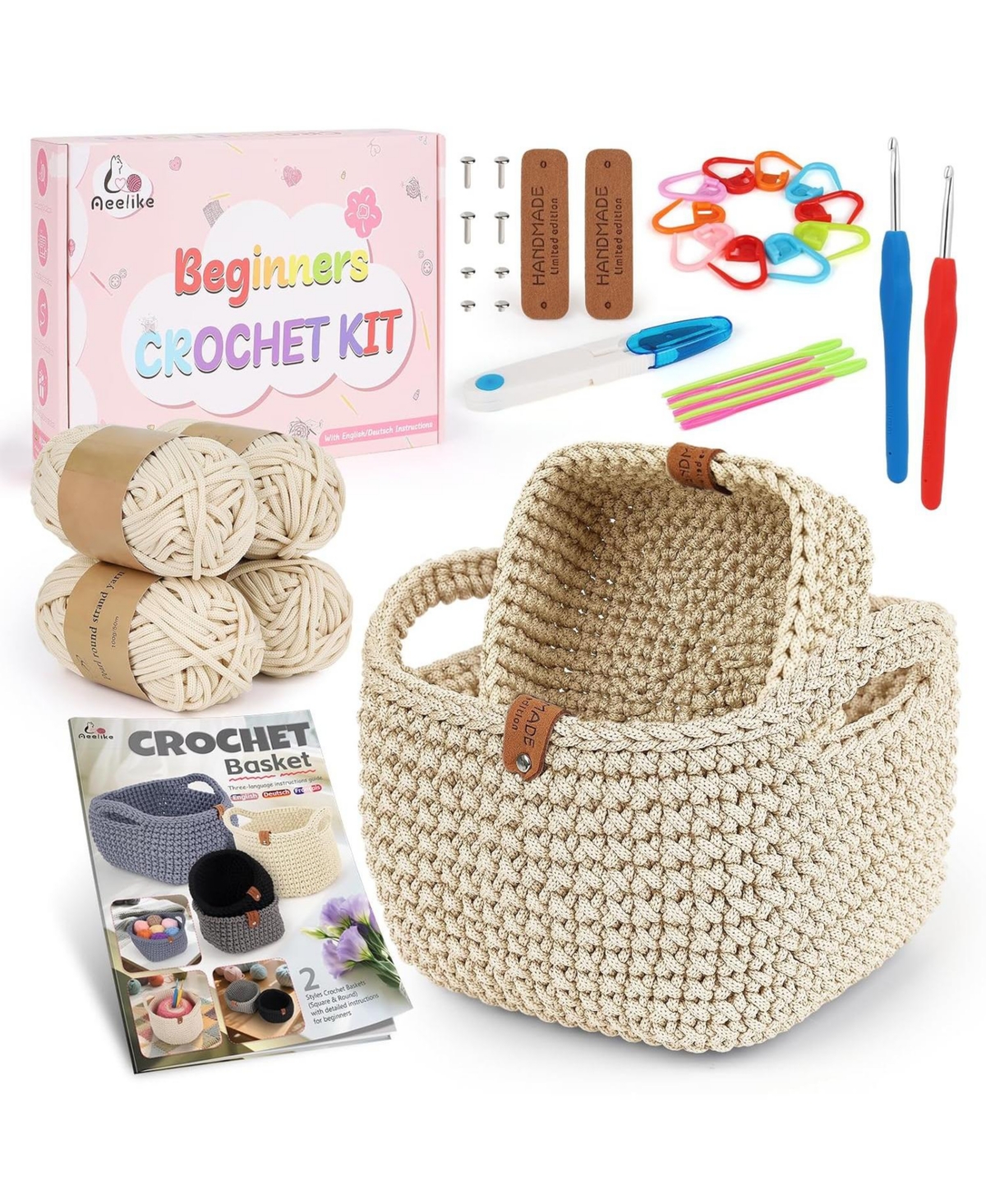 Aeelike 27Pieces Crochet Basket Kit - Complete Knitting Starter Set with Instructions for Adults