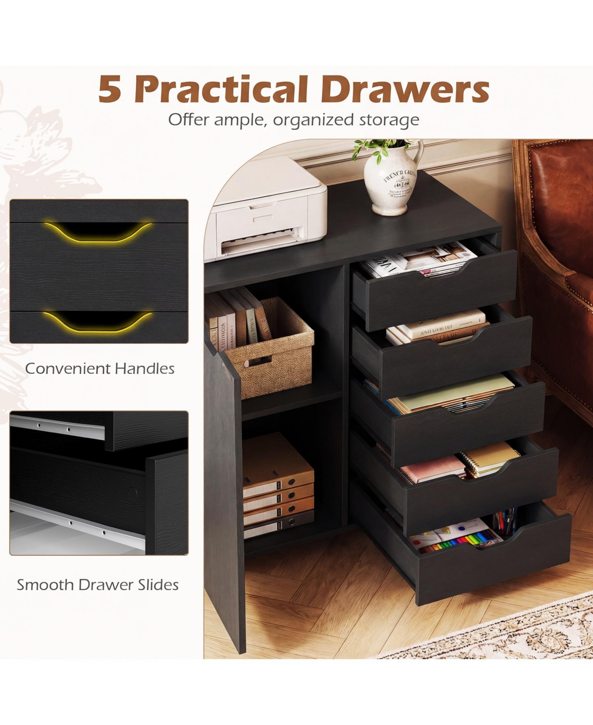 Costway 5-Drawer File Cabinet with Door, Wheels and 5-Level Adjustable Shelf for Home
