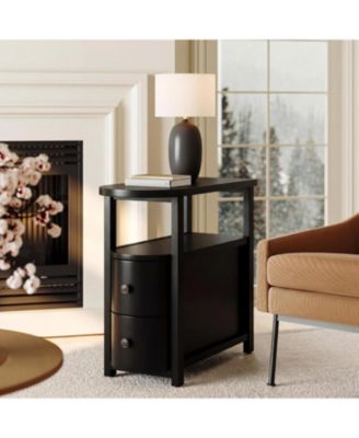 Solid Wood End Table with 2 Drawers and Open Shelf:No assembly required.Black side table for living room couch,slim nightstand for bedroom