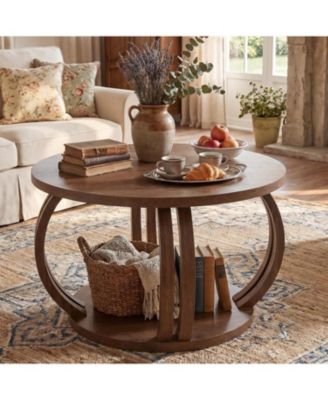 Round Coffee Table: 31.5" modern rustic center table with 2-tier shelf. Wooden table with curved base for living room and small spaces