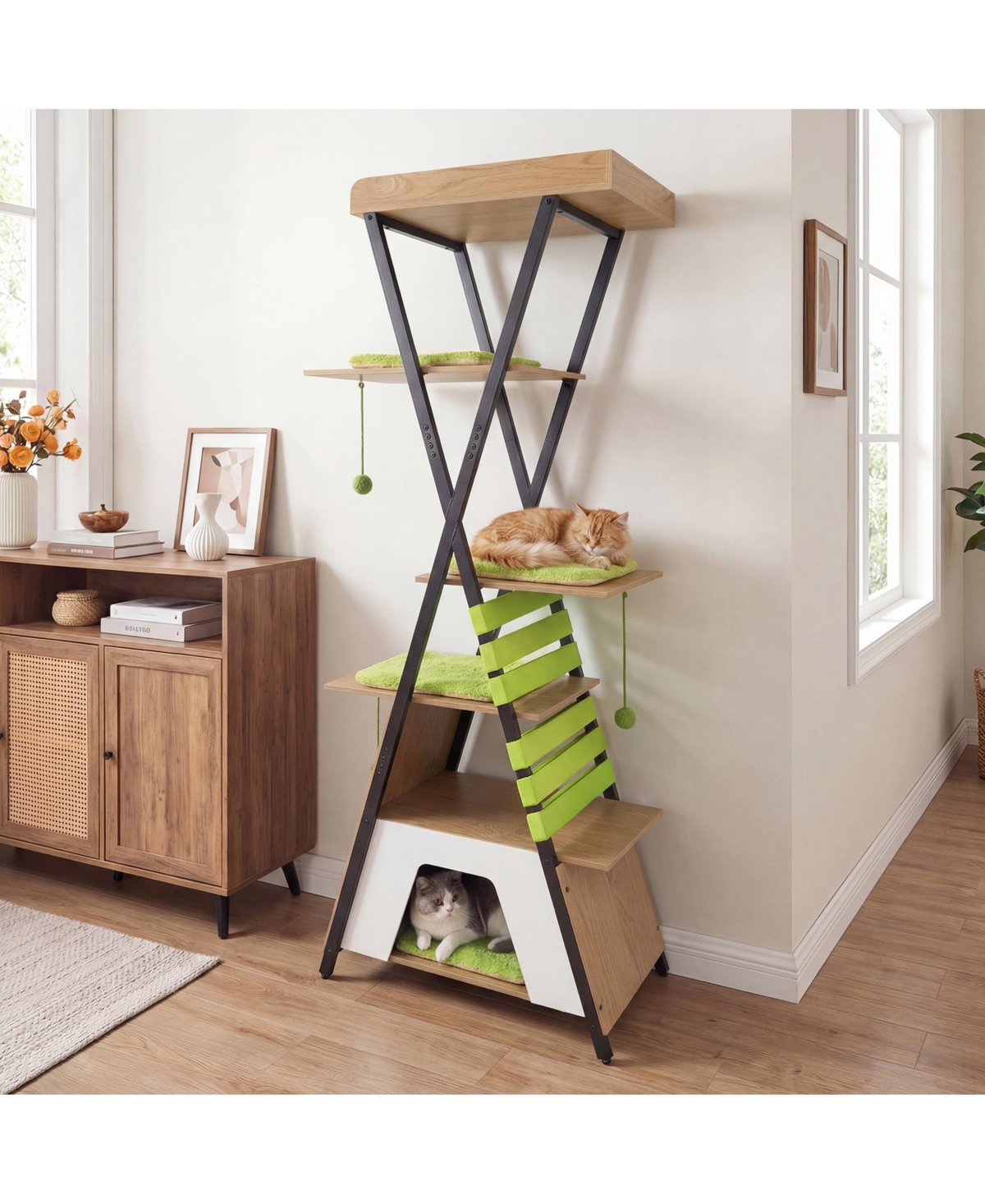 Costway 73" Wooden Multi-level Cat Tower with Elevated Perch, Large Condo, Dangling Balls
