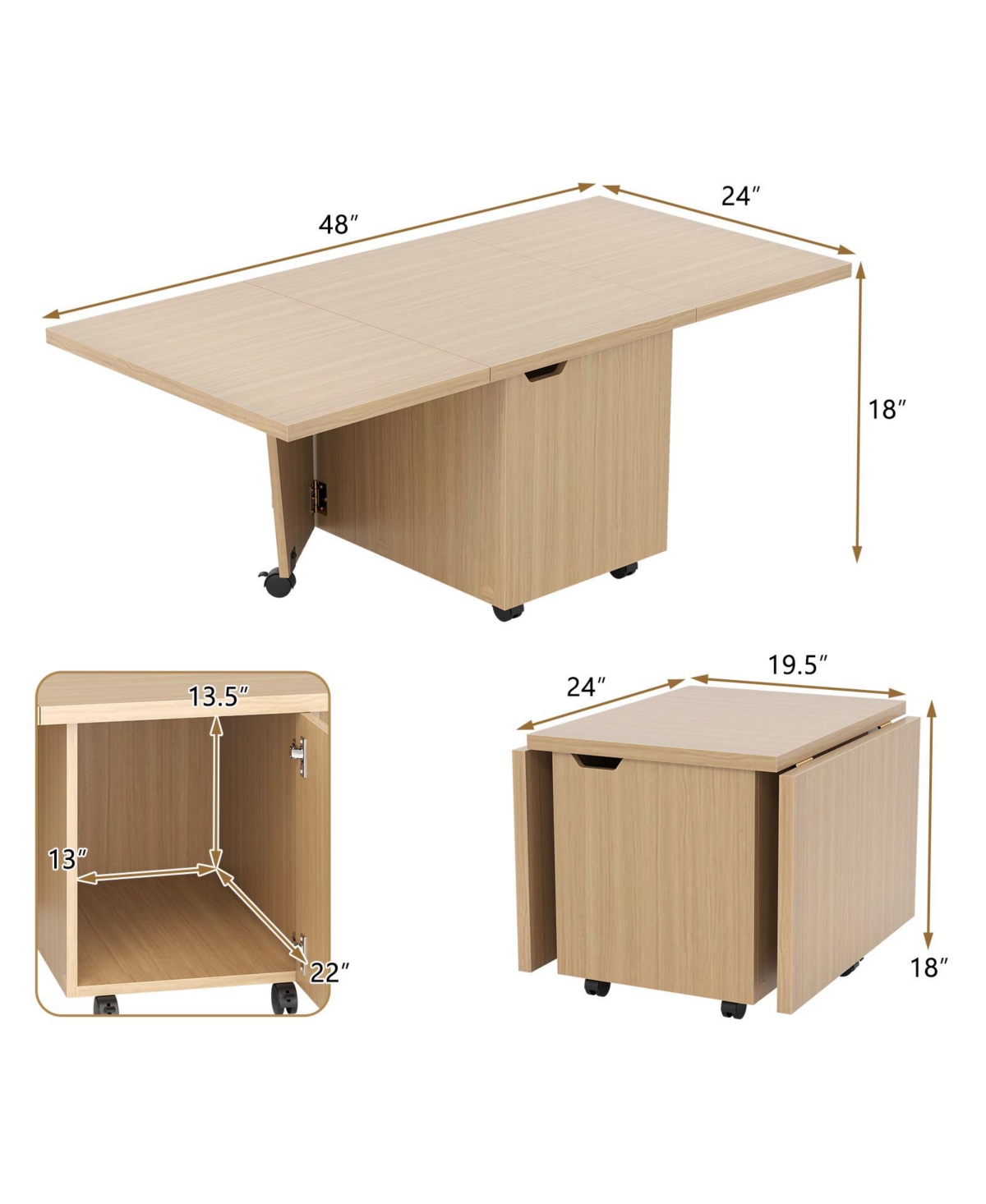 Sugift Foldable Coffee Table with Storage Cabinet and Lockable Wheels, 48 x 24 inch