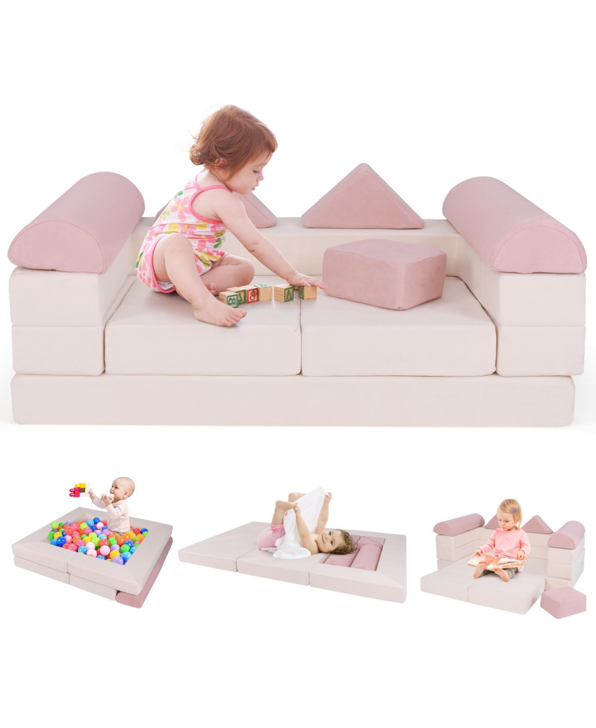Sugift 9-Piece Climb and Crawl Foam Play Set with Suede Covers for Kids Ages 3+ - Pink