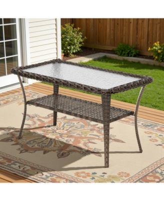 Outdoor Coffee Table with Storage Wicker Patio Coffee Table, Tempered Glass Top Coffee Table for Patio Outside Balcony Porch Deck