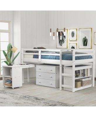  Low Study Twin Loft Bed with Cabinet and Rolling Portable Desk