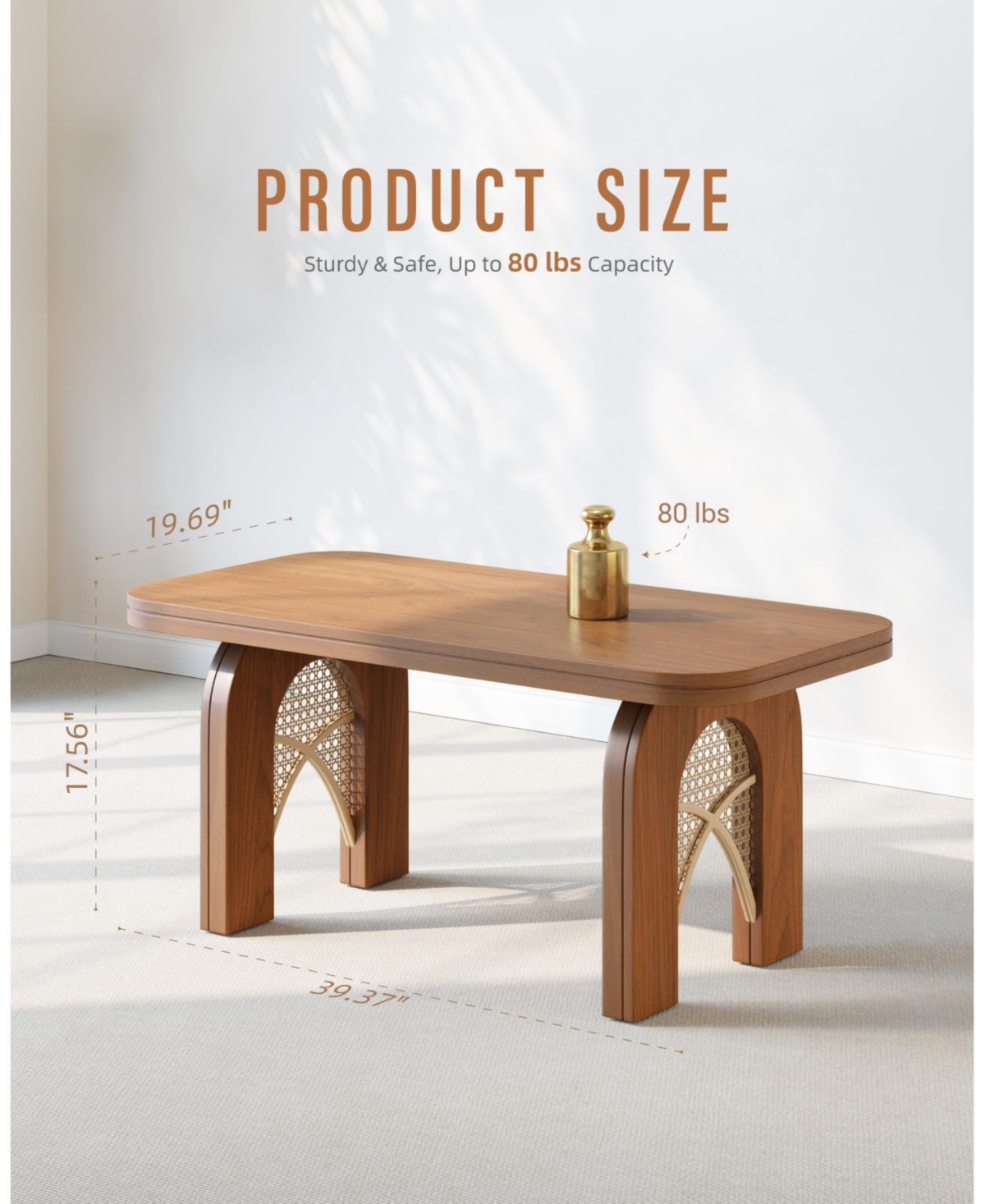 Sugift 39" Rattan Boho Coffee Table with Arched Cane Legs, Mid Century Modern Rectangle Wood Center Table for Living Room