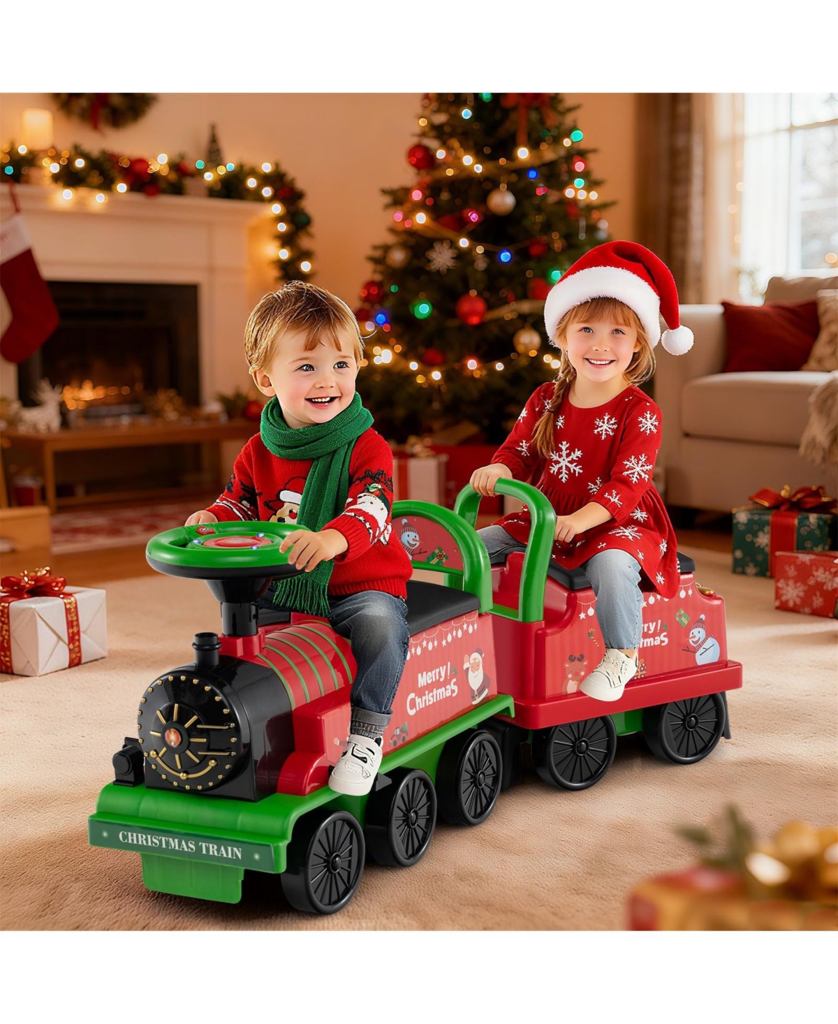 Mecale 6V Ride on Train 2-Seater with Carriage and Flashing Led Lights