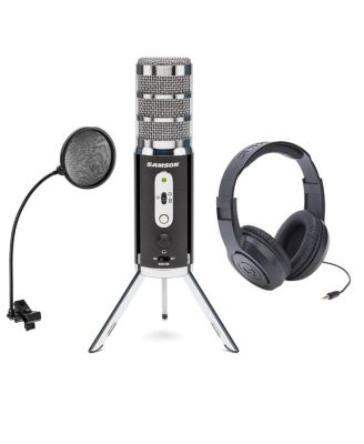 Satellite USB/iOS Broadcast Microphone with Dual 16mm Condenser Capsules, Bundle With Samson SR350 Over-Ear Stereo Headphones, HandA Pop Filter