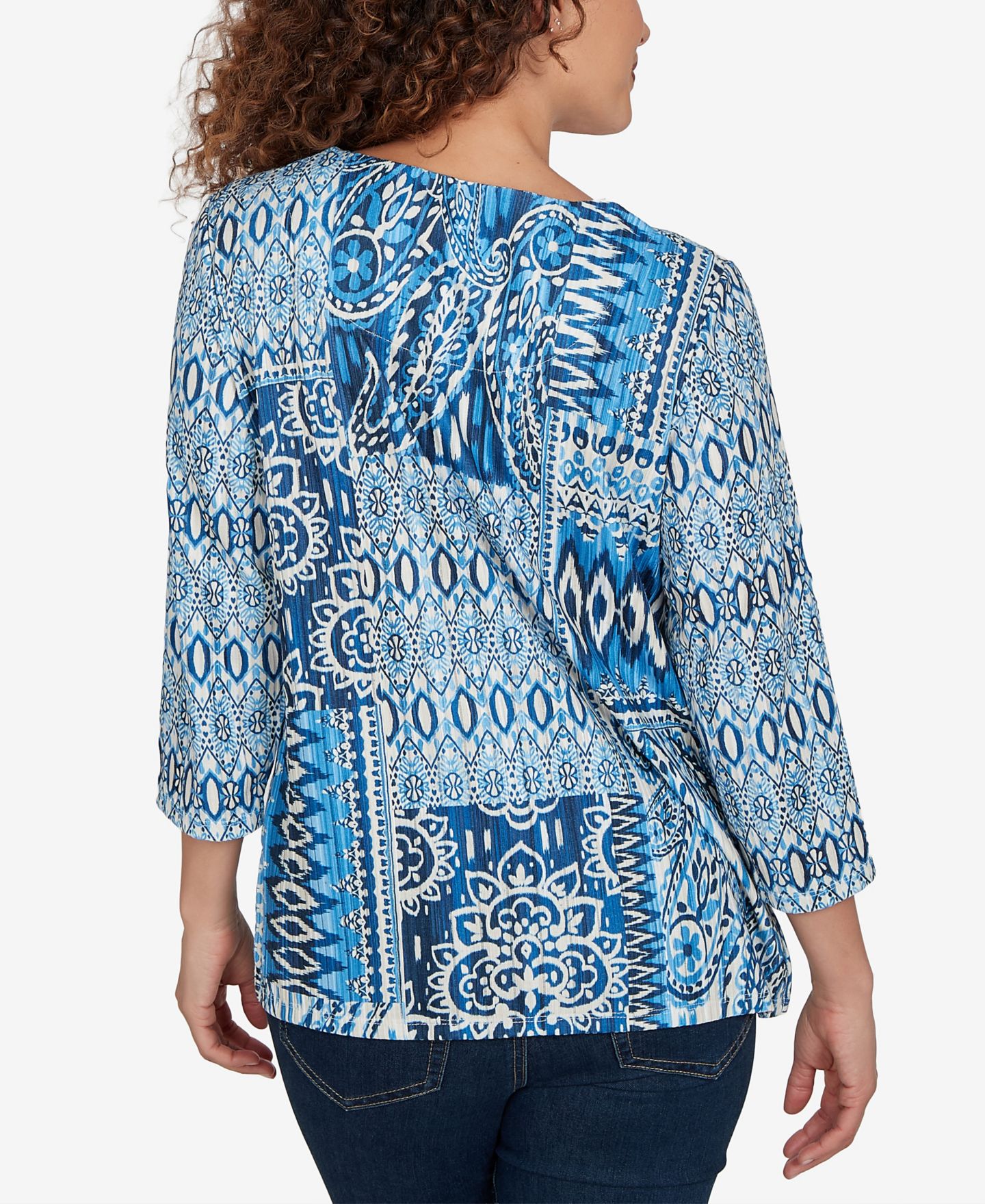 Женский топ Alfred Dunner Petite Medallion Navy Patchwork Knit, цвет: Тёмно-синий — фото 5