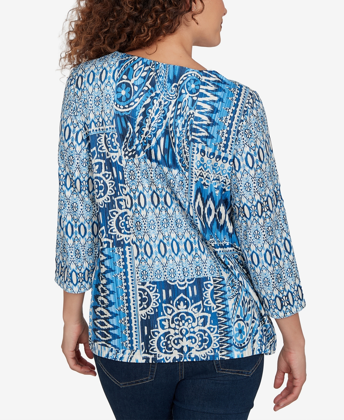 Alfred Dunner Petite Medallion Navy Patchwork Knit Top