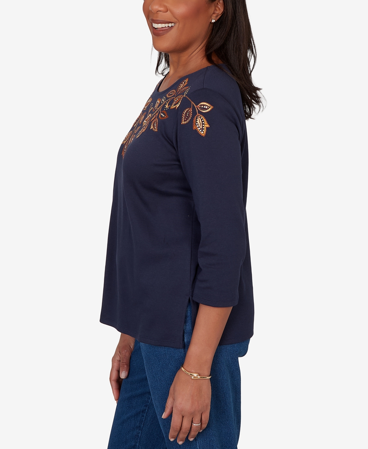 Alfred Dunner Petite Autumn Embroidered Navy Knit Top
