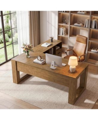 L Shaped Desk with Rolling File Cabinet, 63-Inch Executive Home Office Set, Wood Farmhouse Style, Storage Shelves and Drawers